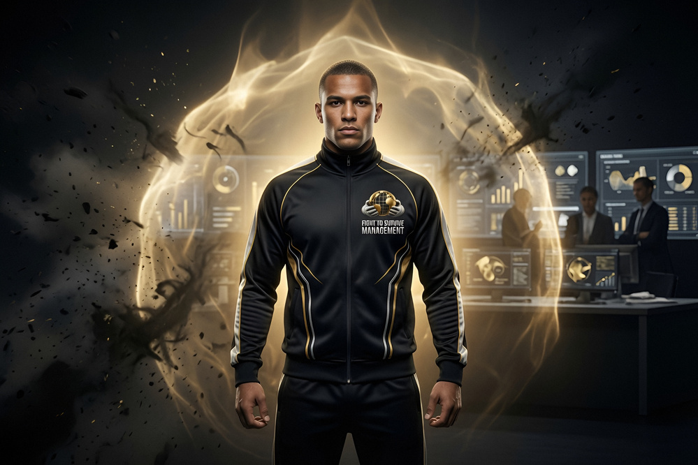 A fighter in a Fight To Survive tracksuit surrounded by a golden aura and falling debris