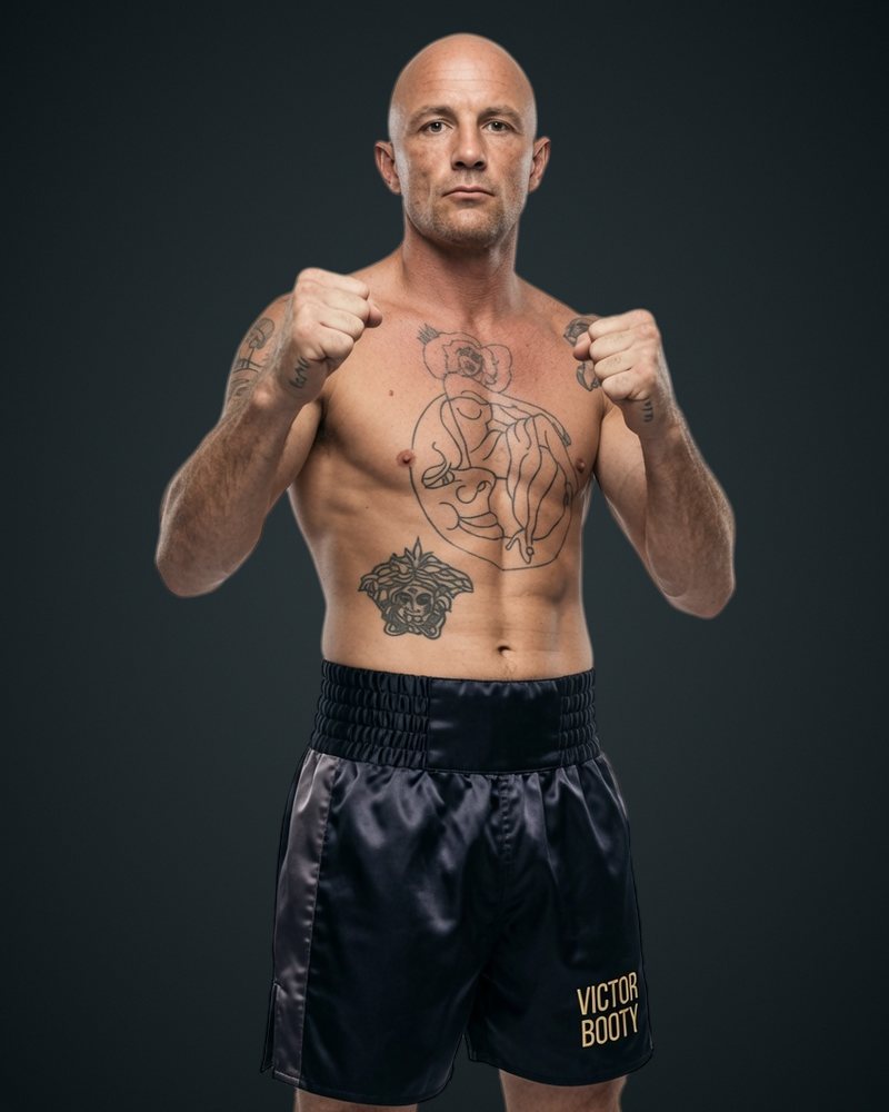 Victor Old Boots Booty in a fighting guard, wearing black boxing shorts with his name in gold