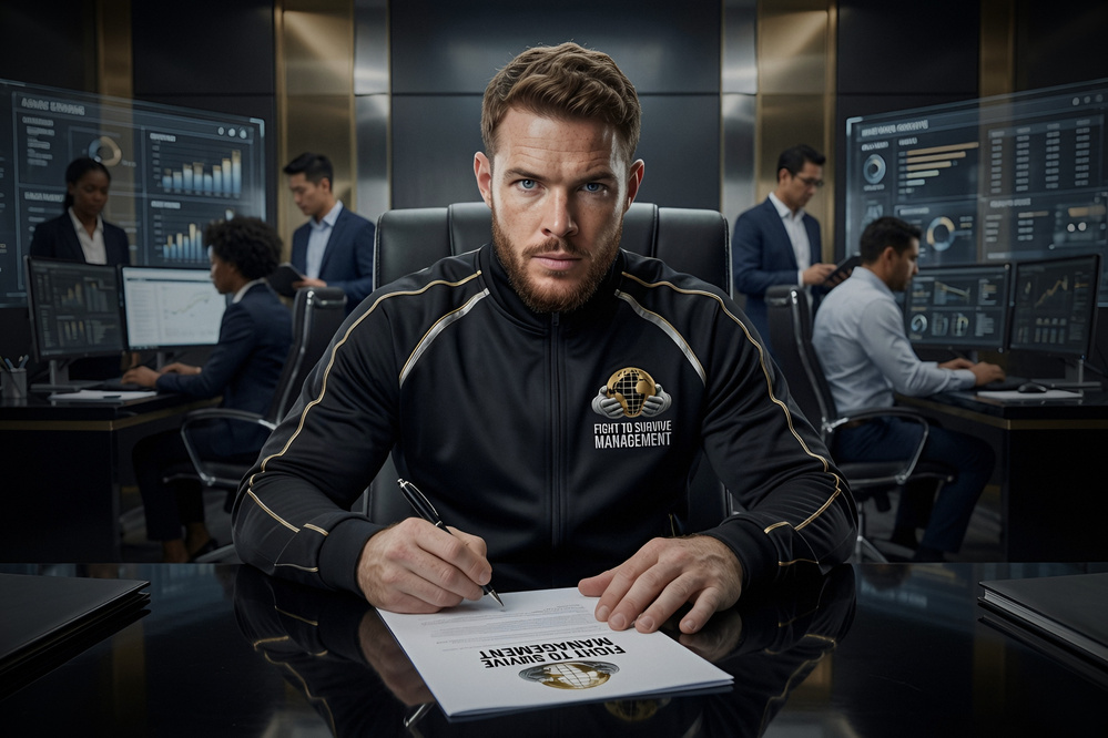 A fighter in a Fight To Survive tracksuit signing a management contract at a desk, surrounded by a professional team