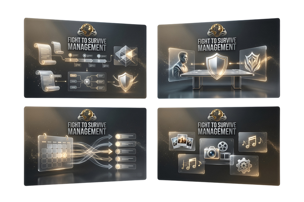 Four glass panels showing the Fight To Survive Management structure